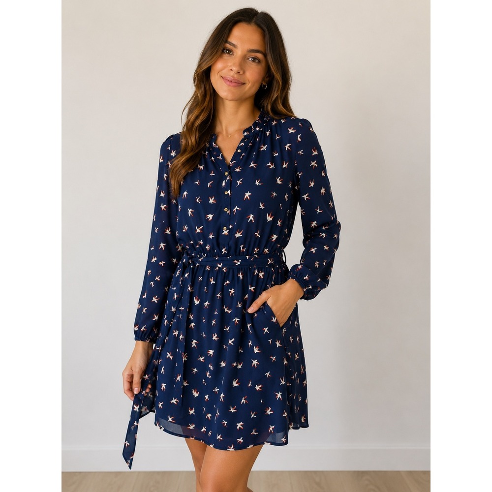 DR2 Navy Blue Bird Print Ruffle Neck Long Sleeve Dress Small Elastic Waist Belt